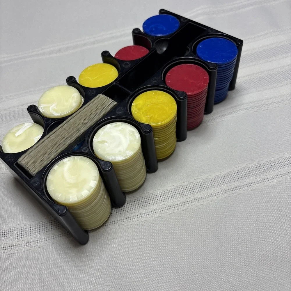 Vtg 190 Marbled Bakelite? Red Butterscotch, Blue, White Poker Chips Caddy Cards